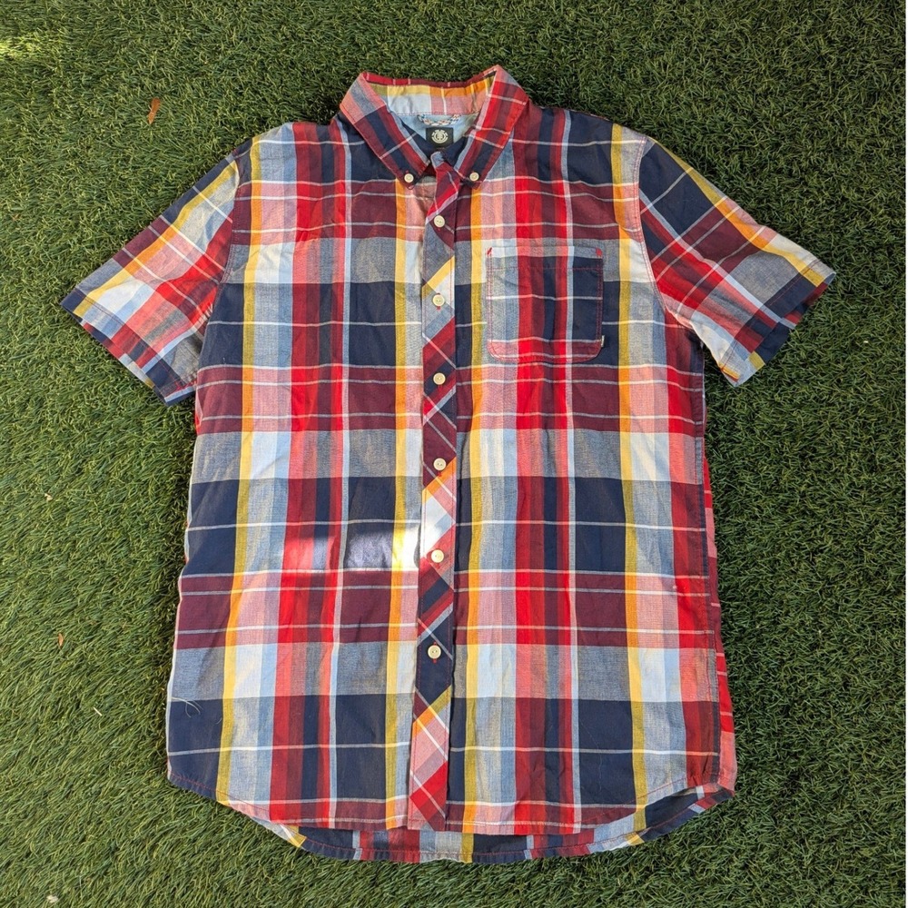 Element Mens Short Sleeve Button Down Shirt Red Navy Plaid Small Skate